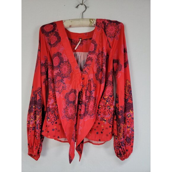 Free People Run Free Blouse Womens Small Draped Tie Front Floral Balloon Sleeve - Picture 1 of 11